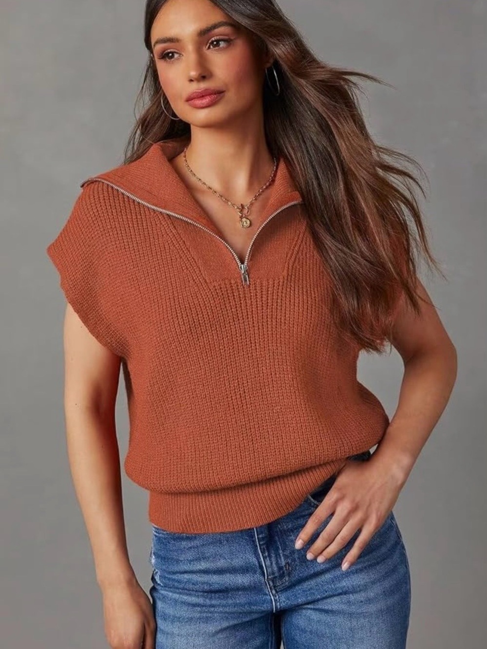 Brand New! Women's Zip-Front Sleeveless Sweater Vest in Rust